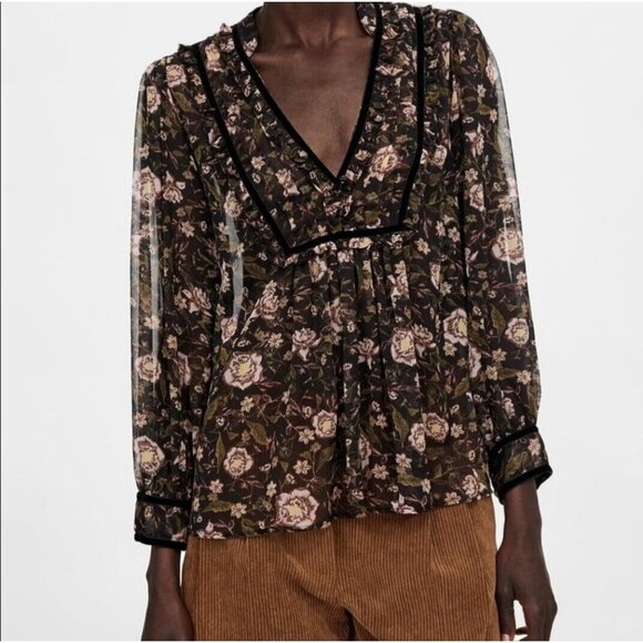 Zara Sheer Floral Blouse Womens Size Medium Black Long Sleeve Boho Peasant Top - Picture 1 of 16
